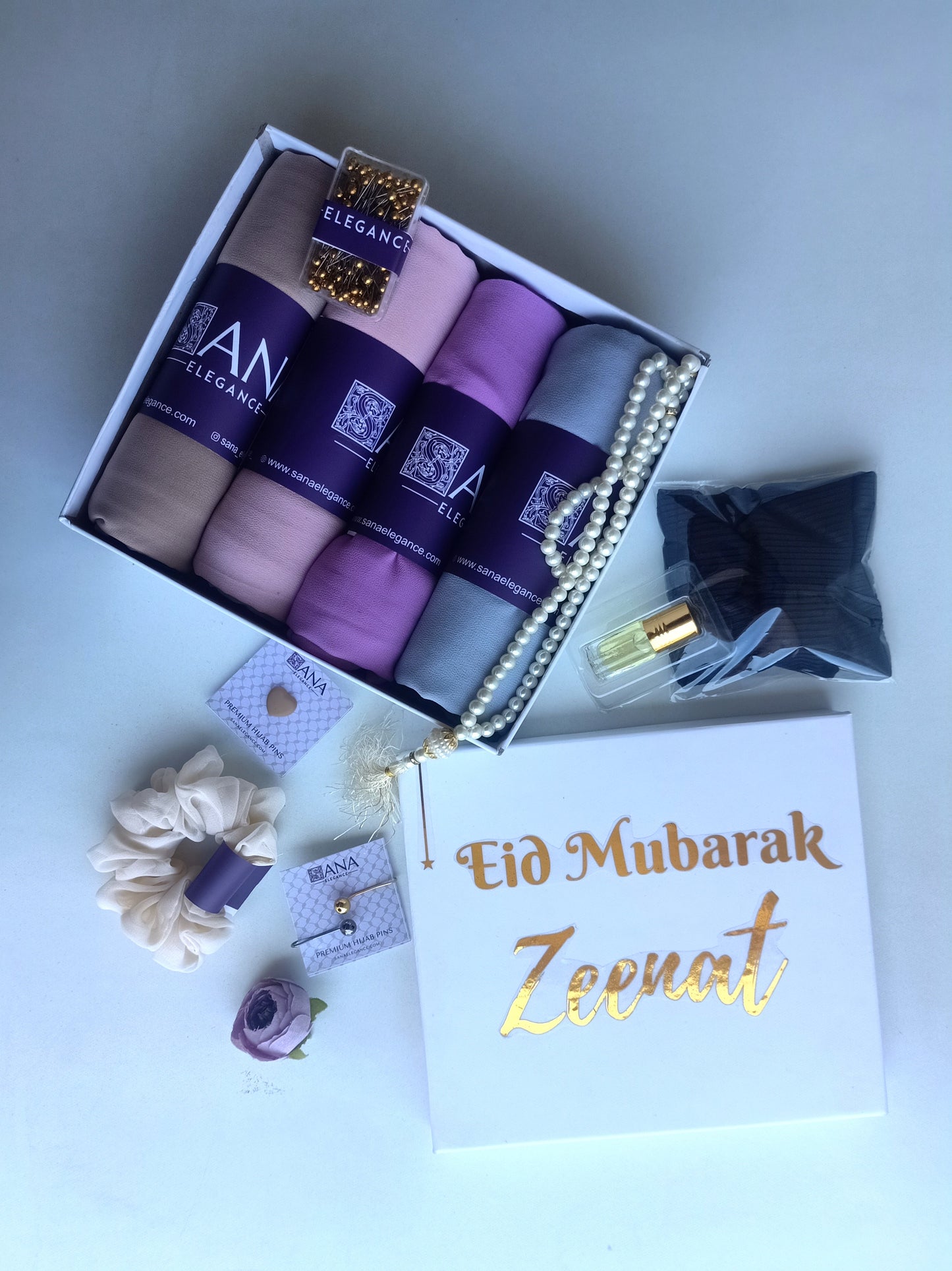 Luxury Hijab Gift Hamper | 4 Chiffon Hijabs | Gold Foiled Name on Top