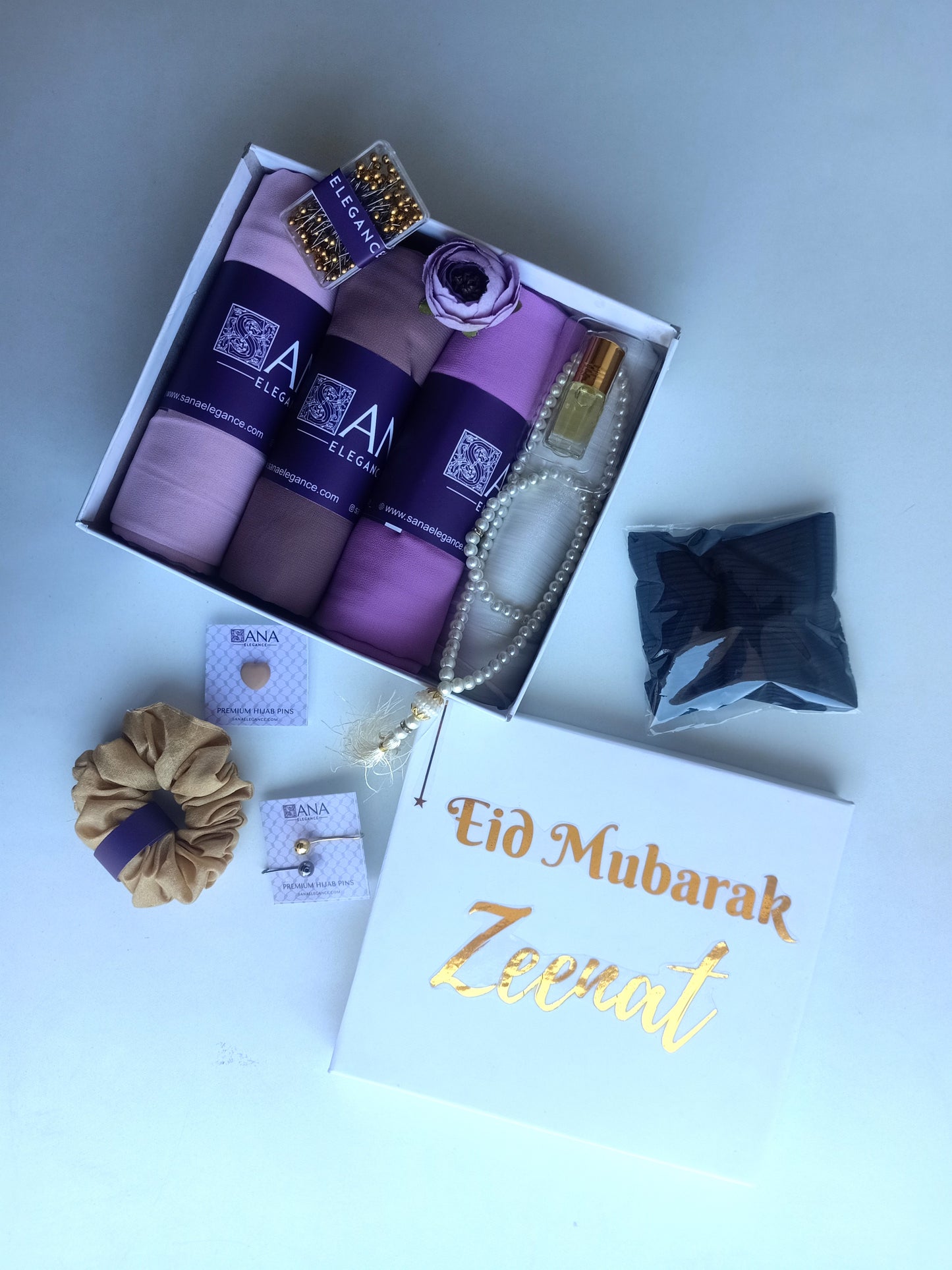 Luxury Hijab Gift Hamper | 3 Chiffon Hijabs | Gold Foiled Name on Top