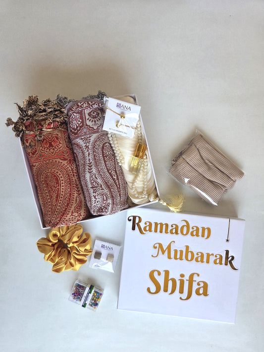 Pashmina Hijab Gift Hamper – Set of Two with Accessories (Gold Foil Name on Box)